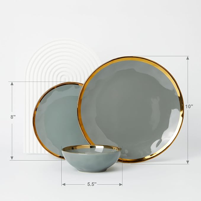 Pokini Porcelain Luxury Dinnerware Sets, Modern Plates and Bowls Sets for 4, Highly Chip and Crack Resistant, Grey and Gold Rim China Dishes Set for Wedding Anniversary