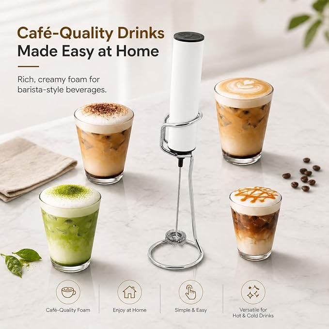 Rechargeable Milk Frother with Stand, Electric Whisks Foam Maker, POWERFUL USB C 2 Speed Handheld Drink Mixer for Coffee, Latte, Cappuccino, Matcha Drinks,White