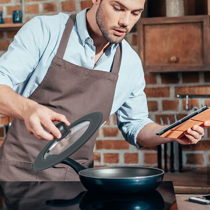 Vented Tempered Glass Universal Lid for Pot Pan Skillet with Heat Resistant Silicone Rim Microwave Splatter Lid Cover Microwave Safe Fit 8” 8.5” 9“ Cookware, Dishwasher Safe Grey