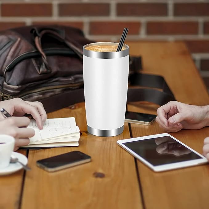 VEGOND 20oz Tumbler with Lid and Straw Stainless Steel Tumbler Cup Vacuum Insulated Double Wall Travel Coffee Mug Powder Coated Coffee Cup, White, 1 Pack