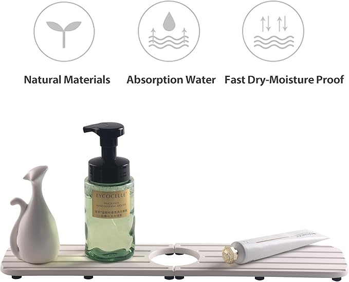 NiuYichee 17inch x 4inch Kitchen Sink Faucet Mat, Water Absorbing Stone Faucet Splash Guard for Bathroom Counter, Quick Drying Diatomite Tray for Kitchen Sink, White