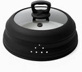 Microwave Splatter Cover Collapsible Silicone & Tempered Glass 10.8 Inch Microwave Cover for Food Splatter Guard with Steam Vents Dishwasher Safe Fits Bowls, Plates & Pots (Black)