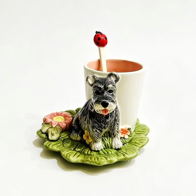 Ceramic Animal Coffee Mug Cup and Saucer Set，200ML(6.8OZ) 3D Hand-painted Tea Cup with Spoon (Grey)