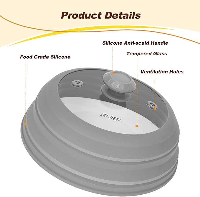Microwave Splatter cover, Glass Microwave Cover for Food, 11.8 inch Guard Lid with Collapsible Silicone for 6-11 inch Plates & Bowls, Dishwasher Safe, 450°F Heat Resistant, BPA-Free, Gray
