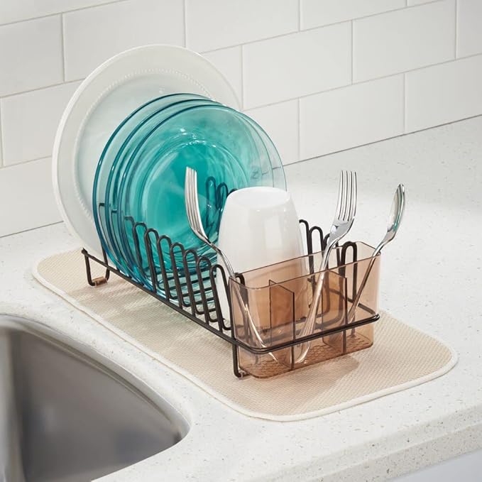 mDesign Dish Tray - Practical Draining Rack for Sink - Great Draining Rack - Up to 12 Plates and Cutlery - Bronze