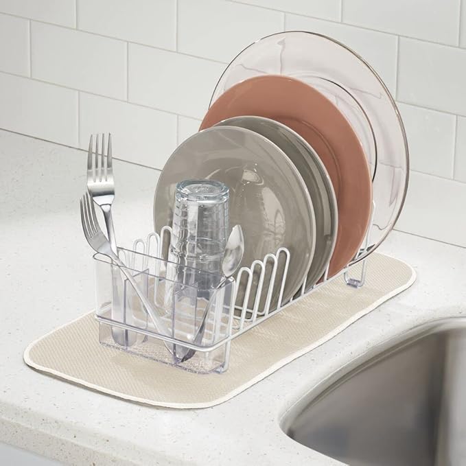 mDesign Kitchen Sink Dish Drainer – Small Metal and Plastic Dish Rack for Kitchen Sink – Dish Drying Rack with Drip Tray for Plates and Cutlery Basket – White/Clear