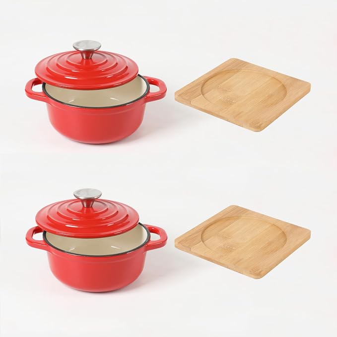 HAWOK Enameled Cast Iron Mini Dutch Oven, Dia5.51”, 23oz, with Bamboo Tray, Set of 2, Red