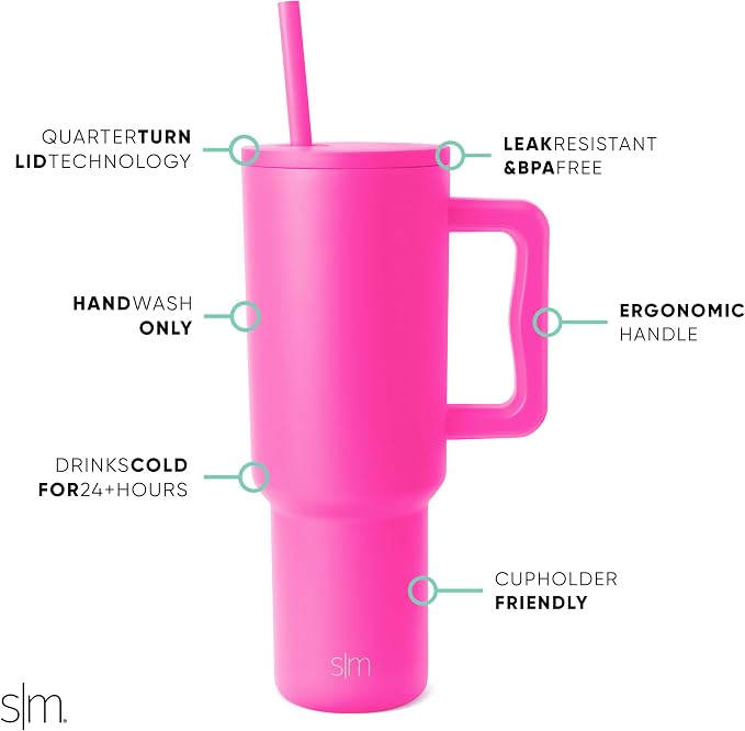 Simple Modern 40 oz Trek Tumbler with Handle and Straw Lid | Cup Holder Friendly Insulated Stainless Steel Travel Mug | Raspberry Vibes (Pack of 12)