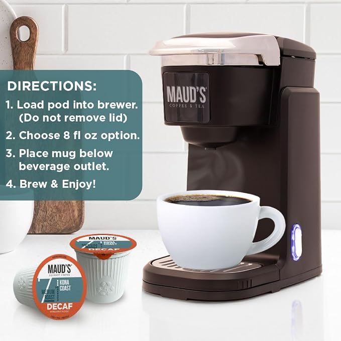 Maud's Decaf Kona Coffee Pods, 18 ct, Decaffeinated Medium Roast Coffee in Single Serve Pods – 100% Arabica Coffee, Compatible with Keurig K Cups Maker