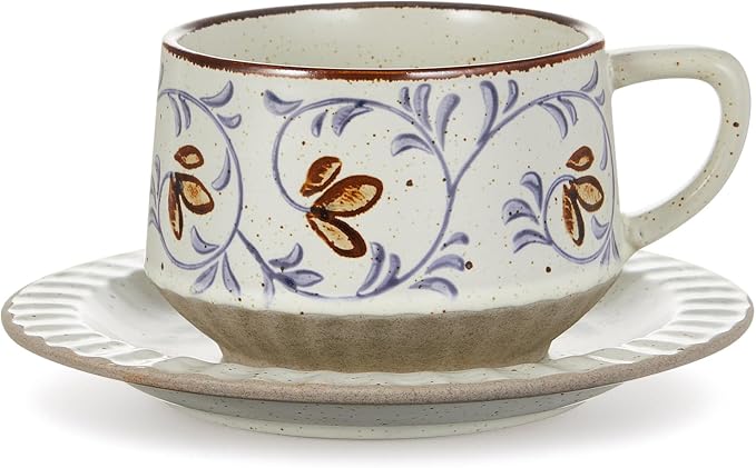 LemonRoad Vintage Tea Cup and Saucer Set, 10oz Porcelain Coffee Mugs with Saucer for Latte Mocha Cappuccino Ceramic Teacups for Housewarming Wedding Gifts Kitchen Table Decor