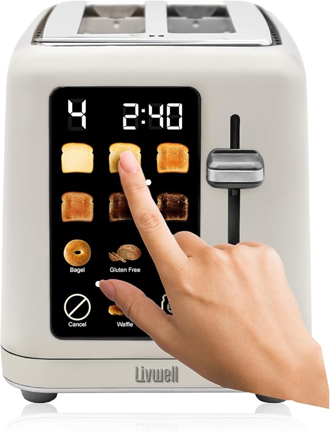 Livwell Matte 2-Slice Smart Touch Toaster with Color Screen Display - Kitchen Gifts - 6 Browning Levels, Timer Countdown, Adjustable Settings for Bagels, Gluten-Free & Multigrain Bread (Matte Cream)