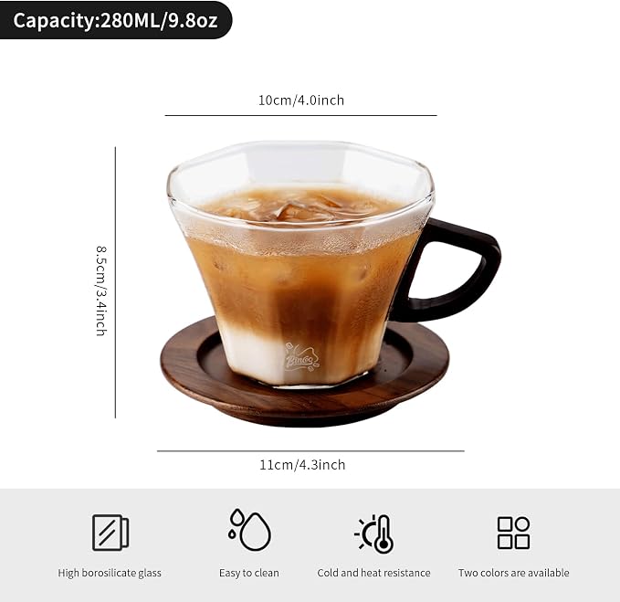 Bincoo Glass Mug with Wooden Handle and and Saucer Set-280ML Glass Coffee Cup Heat Resistant Lightweight Tea Mugs Ideal for Home, Cafe, Coffee Bar(Grey)
