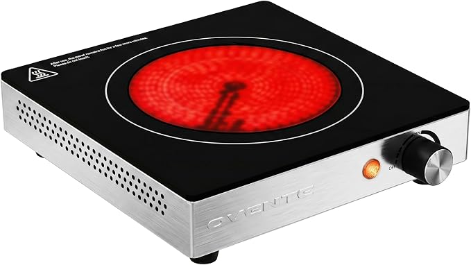 OVENTE Infrared Ceramic Single Burner, 1200W Electric Countertop Hot Plate with Black Crystalline Glass, Portable Stainless Steel Cooktop for Home, Office, or Dorm Use, Black BGI301GB
