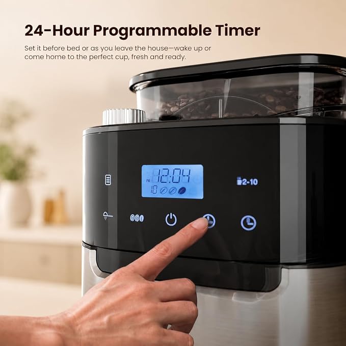 Kismile 10-Cup Digital Drip Coffee Maker with Built-In Grinder, Programmable, 24H Timer, Keep-Warm Function, Customizable Strength & Grind Size, Coffee Machines with Smart LED Touchscreen