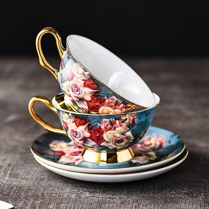 YBK Tech Euro Style Bone China Cup& Saucer Set, Ceramic Tea Coffee Cup for Home Kitchen Wedding (Vintage Rose Pattern)