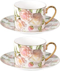 KAMMAK Tea Cups and Saucers Set of 2, Porcelain Coffee Cups, Stackable Espresso Mugs, Ceramic Demitasse for Coffee, Cappuccino, Latte, Americano, Tea, White Rose