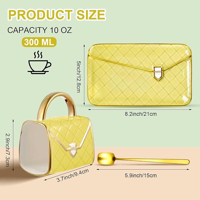 Zubebe 1 Set Coffee Mug Elegant Handbag Shaped Cup Modern Ceramic Purse Mug with Spoon and Saucer, 10oz Cute Creative Tea Cup for Woman Girls Gift (Light Yellow)
