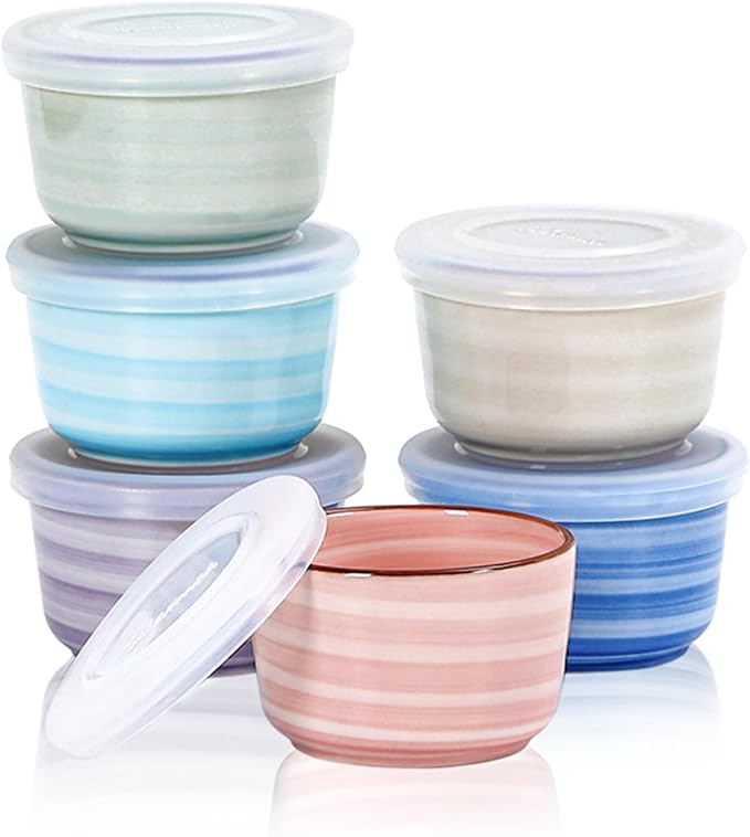 Selamica 4 oz Ramekins with Lids Oven Safe, Creme Brulee Souffle Dishes Ramekins with Covers, Porcelain Custard Cups for Baking, Stackable Mini Ramekin Bowls for Pudding Dip Sauces, Set of 6, Gradient Color