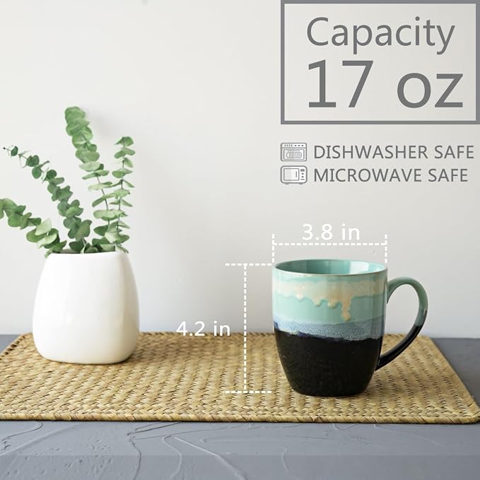 Bosmarlin Ceramic Coffee Mug Set of 4, 17 Oz, Coffee Cups with Big Handle, Microwave Safe, Unique Reactive Glaze(17 Oz, Pastel Blue)