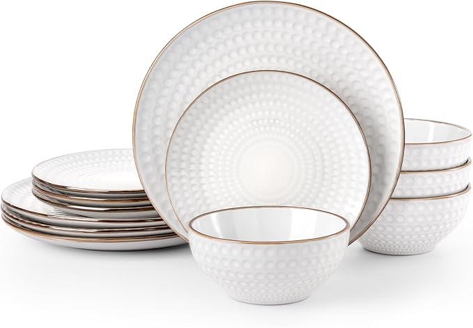 Famiware Eden Embossed Plates and Bowls Sets, Stoneware Dinnerware with Gold Trim, 12-Piece Luxury Dishes for 4, Everyday & Formal Use, Chip/Scratch Resistant, Microwave/Dishwasher Safe, White Circle