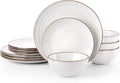 Famiware Eden Embossed Plates and Bowls Sets, Stoneware Dinnerware with Gold Trim, 12-Piece Luxury Dishes for 4, Everyday & Formal Use, Chip/Scratch Resistant, Microwave/Dishwasher Safe, White Circle