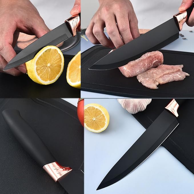 19 Pieces Kitchen Utensil and Knife Set with Storage, with 11 Piece Silicone Cooking Utensils Set 5 ieces Sharp Stainless Steel Chef Knives Scissors Whisk Tongs and Cutting Board, Black