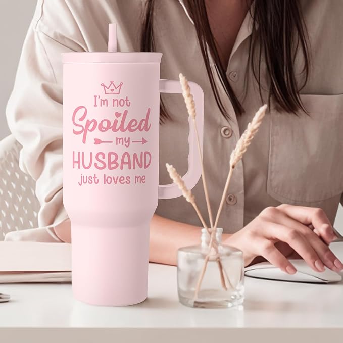 Gift for Wife from Husband, Funny Insulated Stainless Steel Tumbler 40oz with Handle and Straw - Travel Coffee Mug Gift for Wifey on Wedding Anniversary Christmas Birthday Valentine