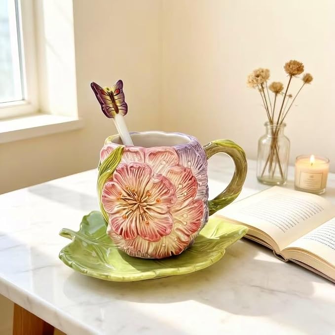 Floral Butterfly Ceramic Cup and Saucer Set - Cute Hand-Painted Sakura Flower Mug with Leaf Saucer and Spoon, Unique Tableware for Coffee/Tea Lovers