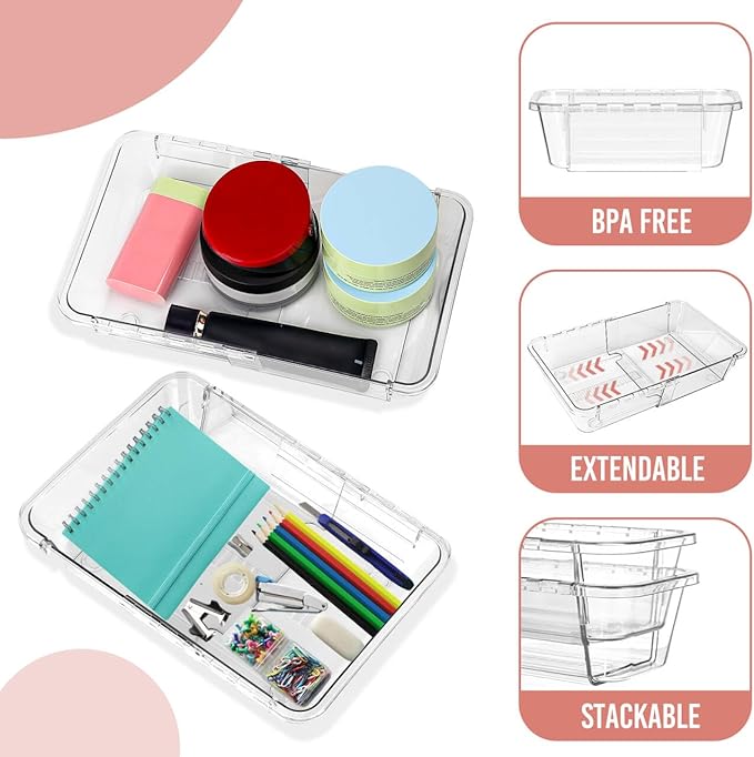 IAMGlobal 25PCS Extendable Clear Drawer Organizer, 3-Size Adjustable Vanity Drawer Organizer for Makeup, Cosmetic, Stackable Acrylic Storage Bins for Bathroom, Kitchen, Office