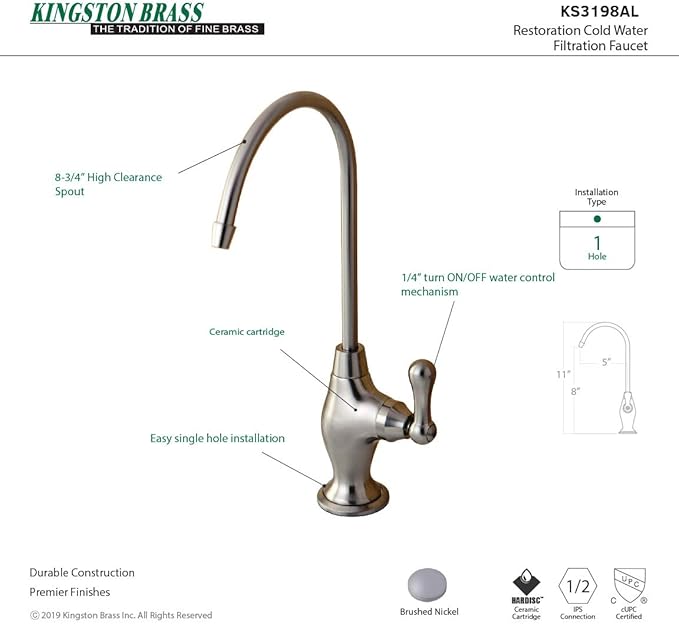Kingston Brass Gourmetier KS3198AL Restoration Single Handle Water Filtration Faucet, Brushed Nickel, 10.81 x 4.63 x 1.75