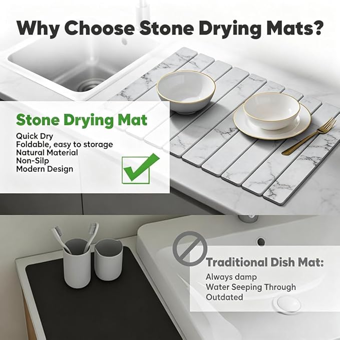 Stone Drying Mat for Kitchen Counter, Quick Diatomaceous Earth Mats for Dishes, 23.6"L x 15.7" W Super Absorbent Fast-Drying Collapsible Countertop Stone Mat (Marble White, 24" x 16")