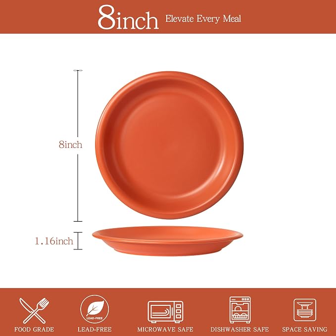 Timeworn Clay Salad Plates, Terracotta Red, 8-Inch, Set of 4 | Hand-Finished, Stoneware, Dessert and Appetizer Plate, Microwave and Dishwasher Safe