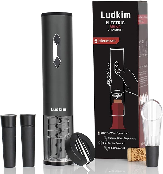 5-in-1 Electric Wine Opener Set, Automatic Batter Powered Corkscrew Kit Includes Wine Aerator Pourer & 2 Vacuum Stoppers, Foil Cutter, Ultimate Cordless Auto Wine Bottle Opener Gift Set