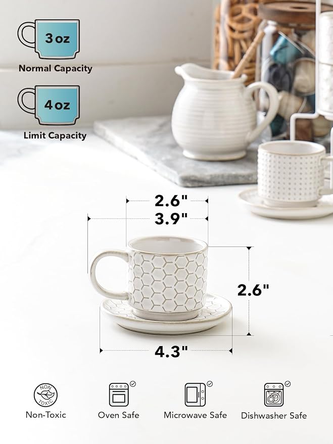 LE TAUCI 4 oz Stackable Espresso Cups with Saucers and Stand, Set of 4, Ceramic Coffee Cup Set for Double Shot, Macchiato, Lungo, Ristretto, Microwave & Oven Safe - Embossed White