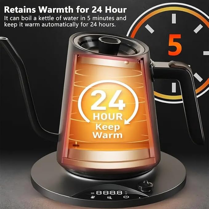 Gooseneck Electric Kettle with ±1℉ Temperature Control & Keep Warm for Pour Over Coffee & Tea, Rapid Boil, 304 Stainless Steel, Built-in Brew Timer, 1000W/ 0.9L