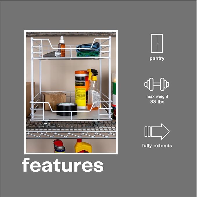 Household Essentials 2-Tier Sliding Pantry Organizer, 16.73" H x 15.35" W x 16.14" D, Strong Powder-Coated Steel Frame, Durable and Versatile, Easy Installation, Mounting Hardware Included, White
