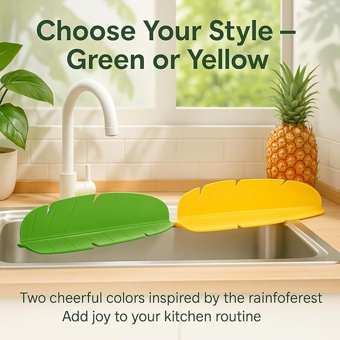 Silicone Kitchen Sink Splash Guard Banana Leaf Shape – Colorful Silicone Sink Splash Guard with Suction Cups, Water Protector for Small Kitchen Sink, Bathtub & Counter by Giftly Moment