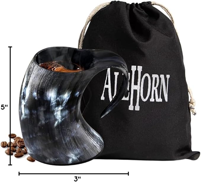 AleHorn Handcrafted Viking Drinking Horn - Coffee Mug | Father’s Day Gifts | Tankard for Beer Mead Ale and Coffee | Food Safe Vessel with Handle | Hot & Cold | (8oz)