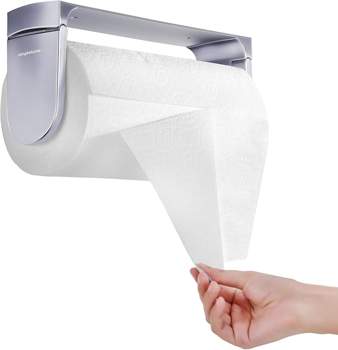 simpletome ONE Hand Tear Paper Towel Holder Under Cabinet Adhesive or Drilling Installation Aluminum Alloy + ABS (Pearl Chrome Silver)