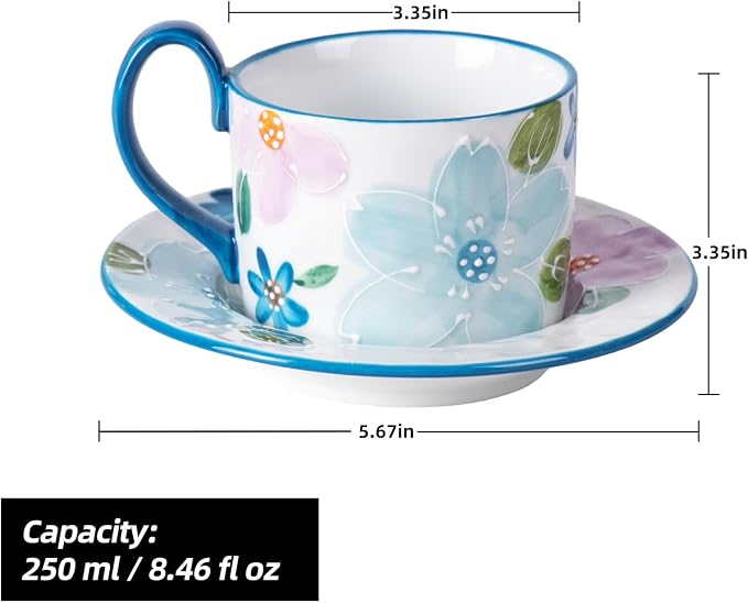 KAMMAK Tea Cups and Saucers Set of 2, Porcelain Coffee Cups, 8.5-Ounce Stackable Espresso Mugs, Ceramic Demitasse for Coffee, Latte, Americano, GX19