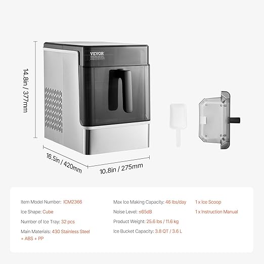 VEVOR Countertop Ice Maker, 32 Cubes Ready in 15 Mins, 46lbs in 24Hrs, Self-Cleaning Portable Ice Maker with Convenient Ice Transfer, Ice Machine with 2 Sizes Ice Cube for Home Kitchen Office Party