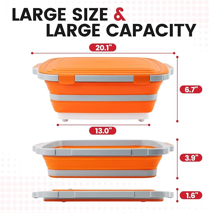 BBQ Prep Tub 3-IN-1 Large 16L Collapsible Cutting Board with Locking Lid for Meal Prep Marinating Food, Camping Sink with Colander, Dish Basin, Storage Blanket for Camping Picnic BBQ, Orange