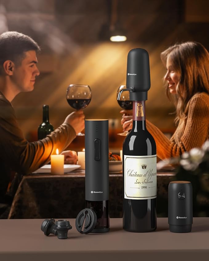 Rechargeable Electric Wine Opener Gift Set - Aerator, Bottle Opener, Foil Cutter, Wine Vacuum Pump and Stoppers for Home Bar Outdoor Party