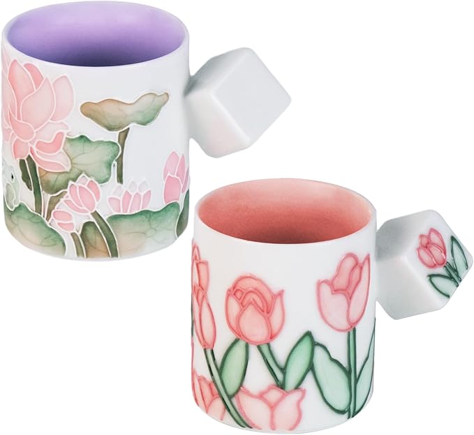 KAMMAK Ceramic Teacups - 155ml/5.2oz Coffee Cup - Set of 2 Hand-Painted Ceramic Cups - Small Vintage Mate Cup - Cute Mugs for Women - Ideal for Birthday, Afternoon Tea & Housewarming Gifts