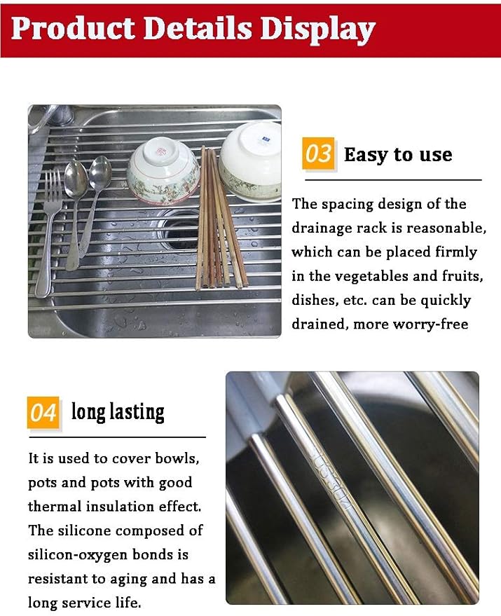 Roll Up Dish Drying Rack Over The Sink Foldable Dish Drainer Silicone Covered Stainless Steel Rod Ends Multipurpose Kitchen Utensils Easy to Store(Size:50x33cm)(Tobes - 14,43x33cm)