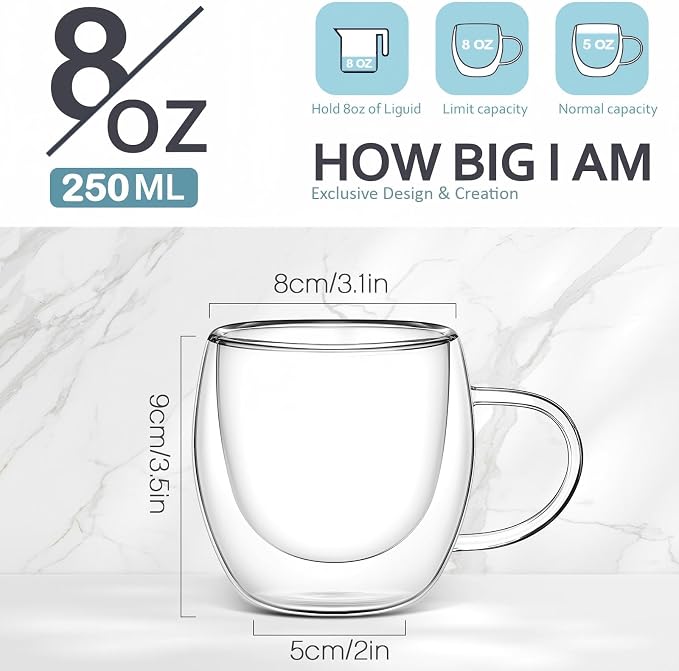 Didaey 8 Pack 8 oz Glass Coffee Mugs Clear Insulated Glass Espresso Coffee Cups with Handle Cafe Mugs Set Borosilicate Glassware Cups for Tea Latte Hot Iced Beverages