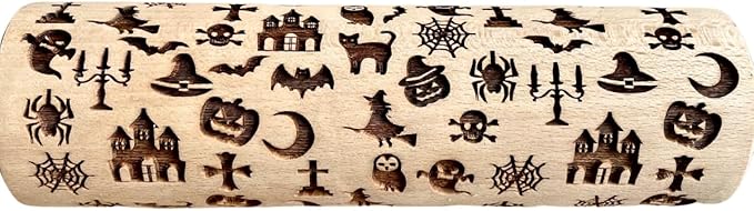 HALLOWEEN Embossing Rolling Pin. Laser Engraved Dough Roller with Pattern - Moon, Owl Spider, Ghost, Pumpkin, Witch. Rolling Pin for Embossing Homemade Halloween Cookies by Algis Crafts