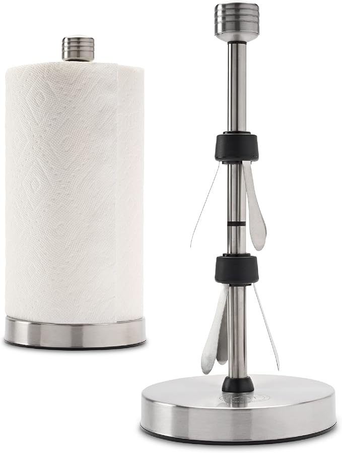 Heavy-Duty Stainless Steel Paper Towel Holder - Easy One-Handed Tear with Suction Cups - Modern Weighted Standing Countertop Dispenser for Kitchen - Holds All Paper Towel Rolls, Silver
