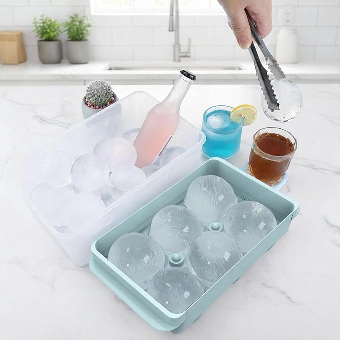 Large Ice Ball Maker Mold, 1.9" Round Ice Cube Mold for Whiskey Bourbon Cocktail, 6 Balls, Sphere Ice Mold, Big Ice Cube Tray with Container and Tongs, Easy to Fill & Release