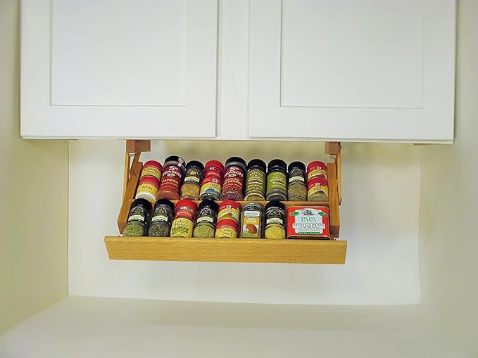 Kitchen Storage Under Cabinet Spice Rack, Handmade Hardwood, Holds 16 Large or 32 Small Spice Containers